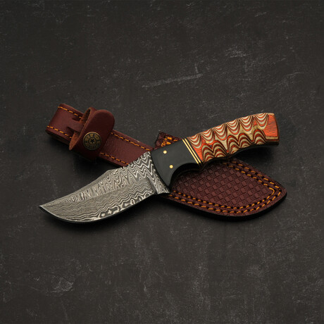 8" Buffalo Horn Twisted Wood Damascus Clip Blade (Red Handle)