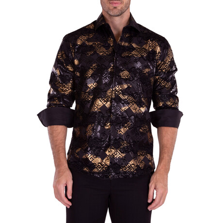 Greek Criss-Cross Metallic Long Sleeve Dress Shirt // Black (XS)