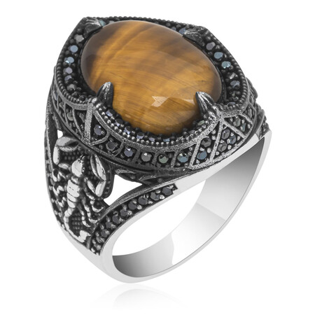 925 Sterling Silver Tiger's Eye Stone with Scorpion Men's Ring (6.5)