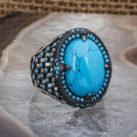 925 Sterling Silver Turquoise Stone Men's Ring V2 (6.5)