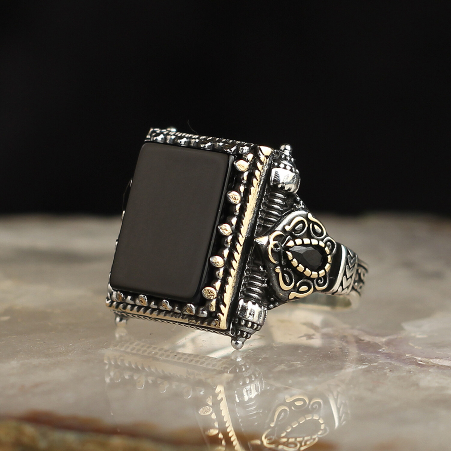 Black Square Onyx Silver Men's Ring