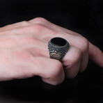 925 Sterling Silver Onyx Stone with Howling Wolf Men's Ring (9.5)