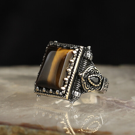 925 Sterling Silver Square Tiger's Eye Stone Men's Ring (6.5)