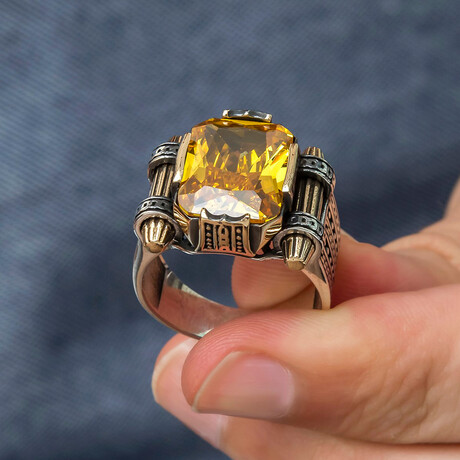 925 Sterling Silver Citrine Stone Men's Ring V2 (6.5)