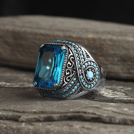 925 Sterling Silver Aquamarine Stone Men's Ring (6.5)