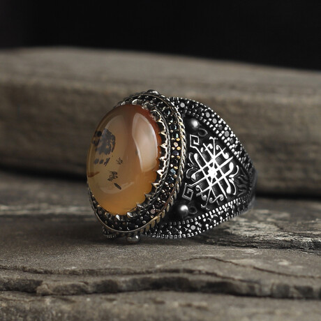 925 Sterling Silver Yemeni Agate Stone Men's Ring (6.5)
