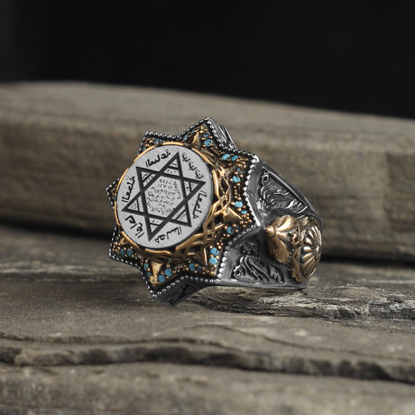 925 Sterling Silver Seal of Solomon with Micro Turquoise Stones Men's Ring (6.5)