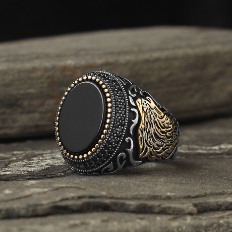 925 Sterling Silver Onyx Stone with Howling Wolf Men's Ring (6.5)