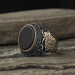 925 Sterling Silver Onyx Stone with Howling Wolf Men's Ring (9.5)