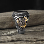 925 Sterling Silver Onyx Stone with Howling Wolf Men's Ring (9.5)