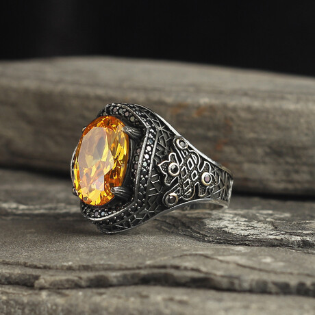 925 Sterling Silver Citrine Stone Men's Ring V1 (6.5)
