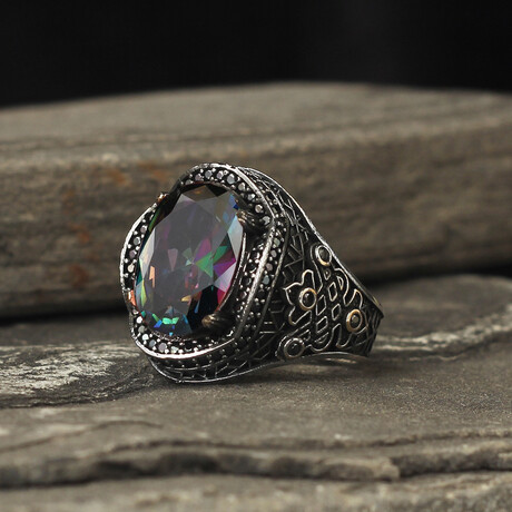 925 Sterling Silver Mystic Topaz Stone Men's Ring V2 (6.5)