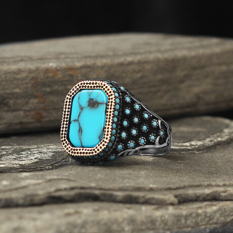 925 Sterling Silver Turquoise Stone Men's Ring V1 (6.5)