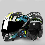 Bluetooth Motorcycle Helmet // Black Visor // Silver + Neon Yellow + Turquoise (M)