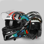 Bluetooth Motorcycle Helmet // Clear Visor // Silver + Red + Turquoise (M)