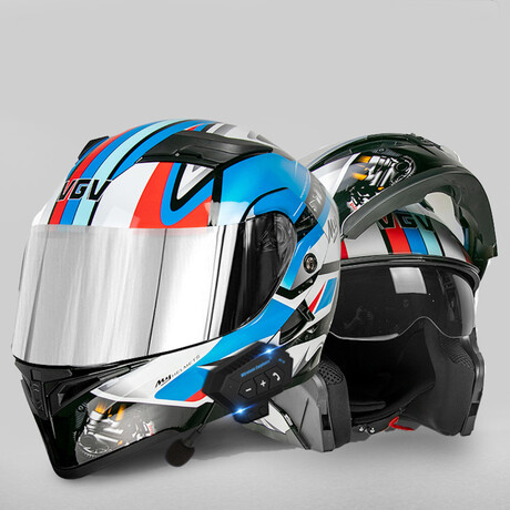 Bluetooth Motorcycle Helmet // Silver Visor // Red + White + Blue (M)