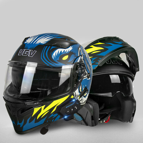 Bluetooth Motorcycle Helmet // Clear Visor // Black + Neon Yellow + Blue (M)