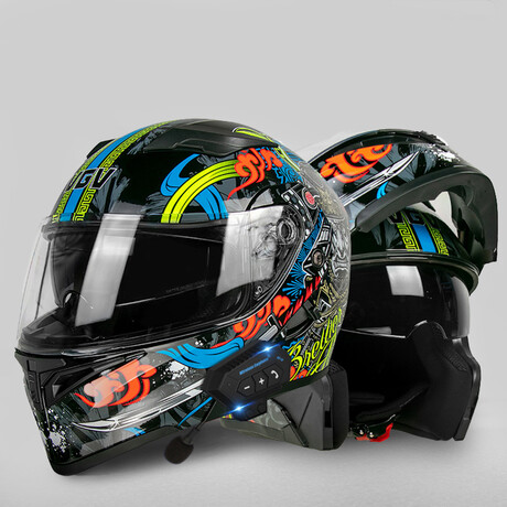 Bluetooth Motorcycle Helmet // Clear Visor // Black + Neon (M)