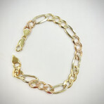 14K Solid Gold 3 Color Diamond Cut Figaro Chain Bracelet // 7.5MM