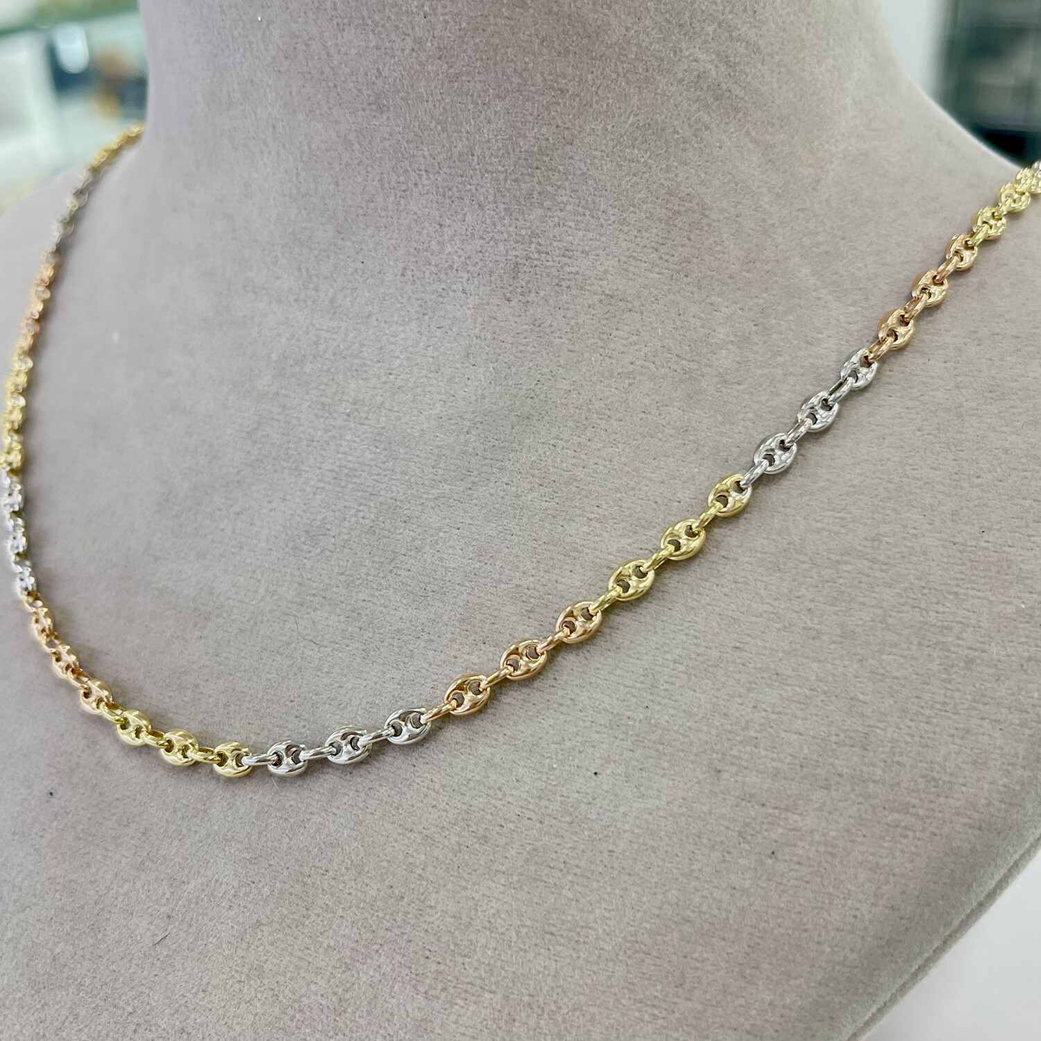 14K Solid Gold 3 Color Puff Mariner Chain Necklace // 4MM (18