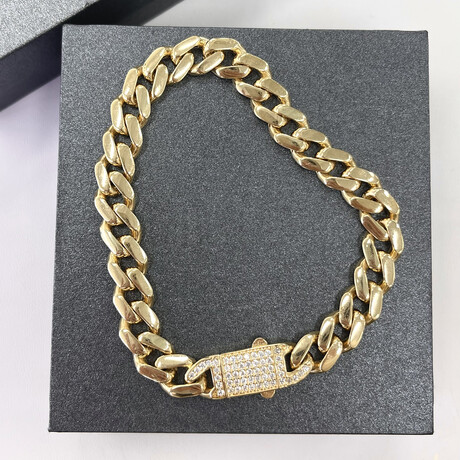 14K Semi Solid Monaco Link Chain Bracelet with Cubic Zirconia Ice on Lock // 9MM