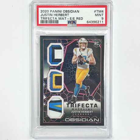 Justin Herbert 2020 Panini Obsidian Trifecta Material Red Rookie Card #08/10 - PSA 9