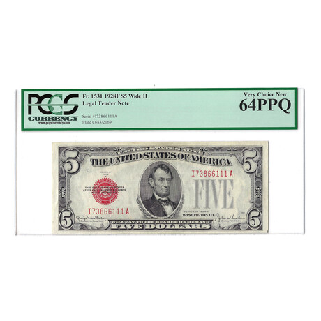 1928F $5 Small Size United States Note // PCGS Certified Choice 64 PPQ