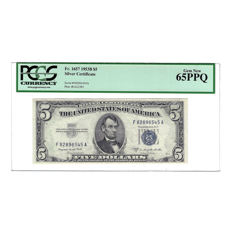 1953B $5 Small Size Silver Certificate // PCGS Certified Choice 65 PPQ