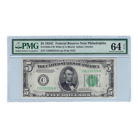 1934C $5 Small Size Federal Reserve Note // PMG Certified Choice 64 EPQ