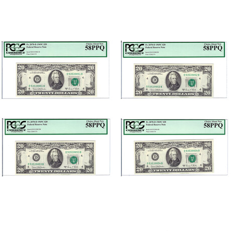 1969-C $20 Small Size Federal Reserve Note // Sequential Set of 4 // PCGS Certified About New 58 PPQ