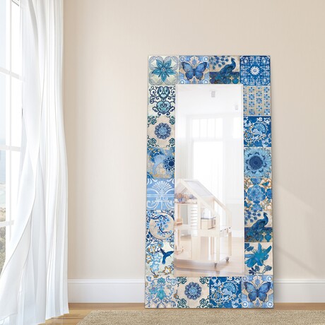 Blue & White Tiles Rectangular Beveled Mirror // Free Floating Printed Tempered Art Glass