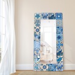 Blue & White Tiles Rectangular Beveled Mirror // Free Floating Printed Tempered Art Glass