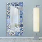 Blue & White Tiles Rectangular Beveled Mirror // Free Floating Printed Tempered Art Glass