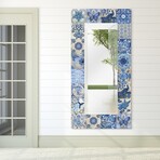 Blue & White Tiles Rectangular Beveled Mirror // Free Floating Printed Tempered Art Glass