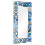 Blue & White Tiles Rectangular Beveled Mirror // Free Floating Printed Tempered Art Glass