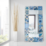 Blue & White Tiles Rectangular Beveled Mirror // Free Floating Printed Tempered Art Glass