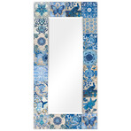 Blue & White Tiles Rectangular Beveled Mirror // Free Floating Printed Tempered Art Glass