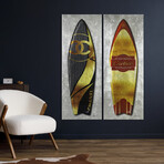 Couture Golden Surfboards Frameless // Reverse Printed Tempered Glass Wall Art with Silver Leaf // Set of 2