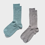 Paper x Superwash Wool Rib Crew Socks // Pack of 2 // Grey + Light Blue (Small)