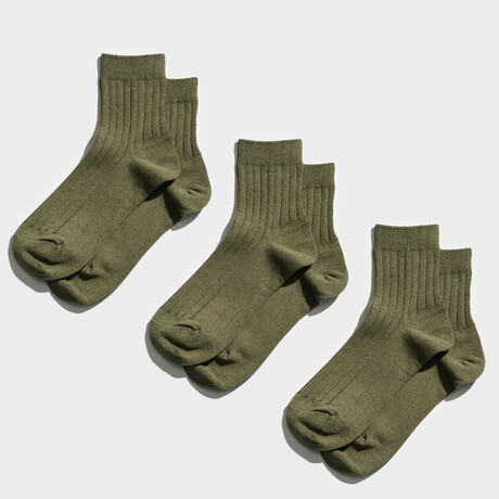Paper x Cotton Anklet Socks // Pack of 3 // Olive (Small)