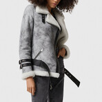 Women's Shearling Belted Biker Jacket // Natural Dying Gray with White Wool (XS)