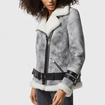 Women's Shearling Belted Biker Jacket // Natural Dying Gray with White Wool (XS)