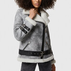 Women's Shearling Belted Biker Jacket // Natural Dying Gray with White Wool (XS)