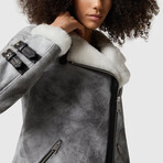 Women's Shearling Belted Biker Jacket // Natural Dying Gray with White Wool (XS)