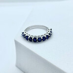 14K Solid White Gold + Round Genuine Blue Sapphires Band Ring // Size 7