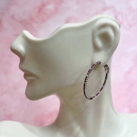 14K Solid White Gold + Genuine Ruby + 1CT Genuine Diamonds Round Inside Out Hoop Earrings