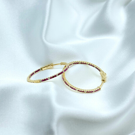 14K Solid Yellow Gold + Genuine Ruby + 1CT Genuine Diamonds Round Inside Out Hoop Earrings