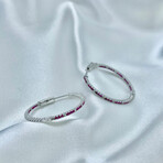 14K Solid White Gold + Genuine Ruby + 1CT Genuine Diamonds Round Inside Out Hoop Earrings