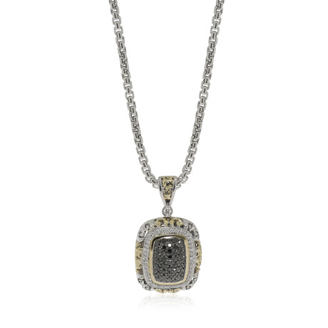Sterling Silver + 18K Yellow Gold Black + White Diamond Halo Pendant Necklace // 16" // Store Display