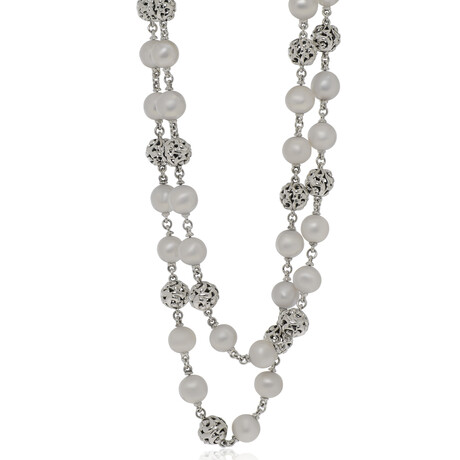 Sterling Silver + Pearl Beaded Station Necklace // 38" // Store Display